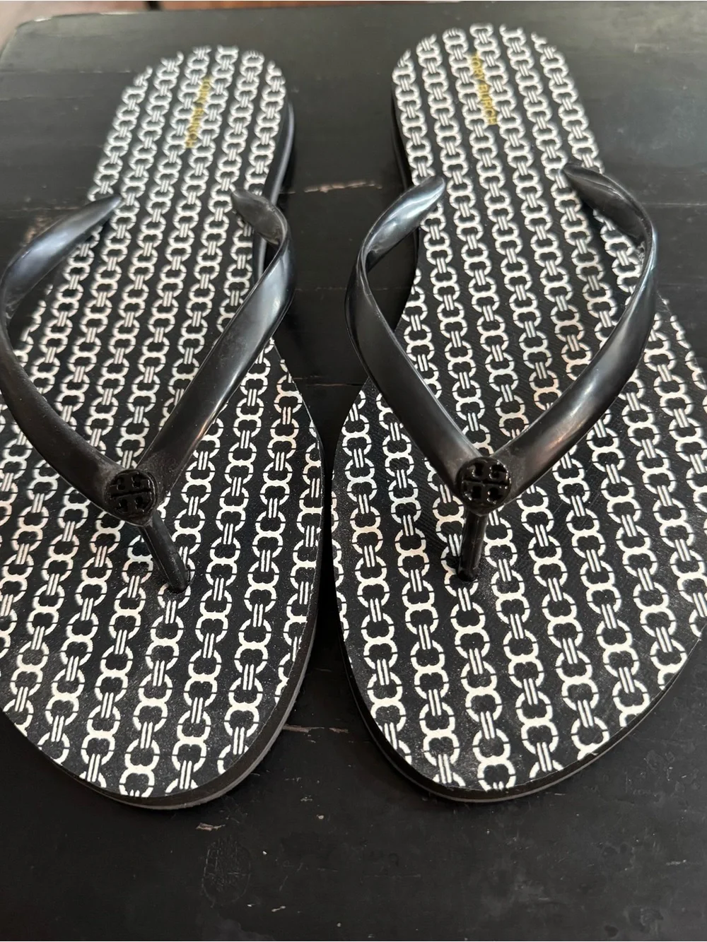 Tory Burch Black & White Logo-Print Flip Flop Sandals NWOT